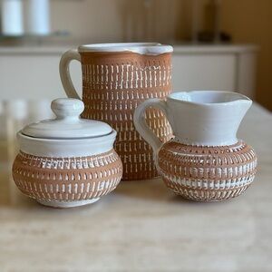 Mid Century Modern Geometric pattern White Glazed pottery set